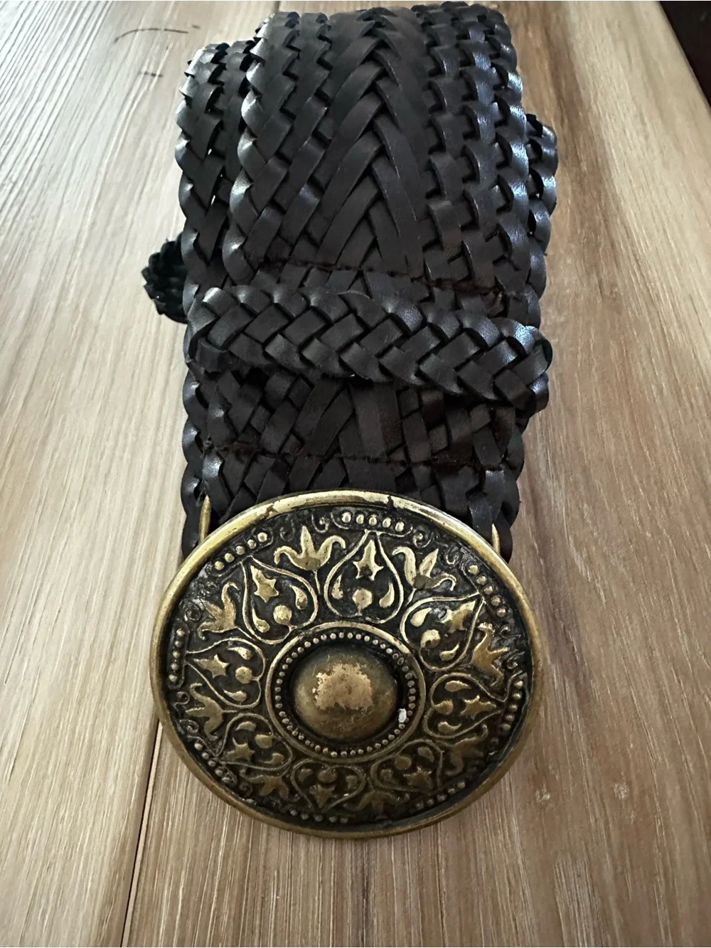 Boho Brass Medallion Buckle Braided Leather Belt
